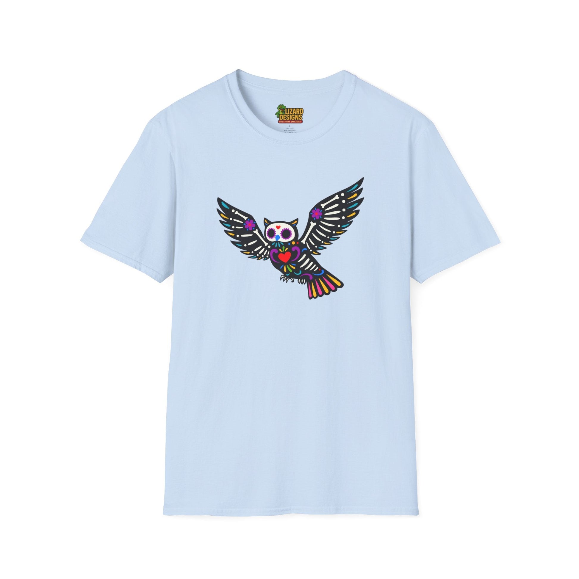 Sugar Skull Owl Tee – Colorful Day of the Dead Vibes | Graphic T-Shirts – Light Blue T-Shirt for boho style shirt (22 view)