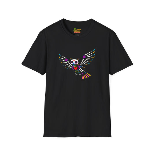 Sugar Skull Owl Tee – Colorful Day of the Dead Vibes | Graphic T-Shirts – Black T-Shirt for boho style shirt (1 view)