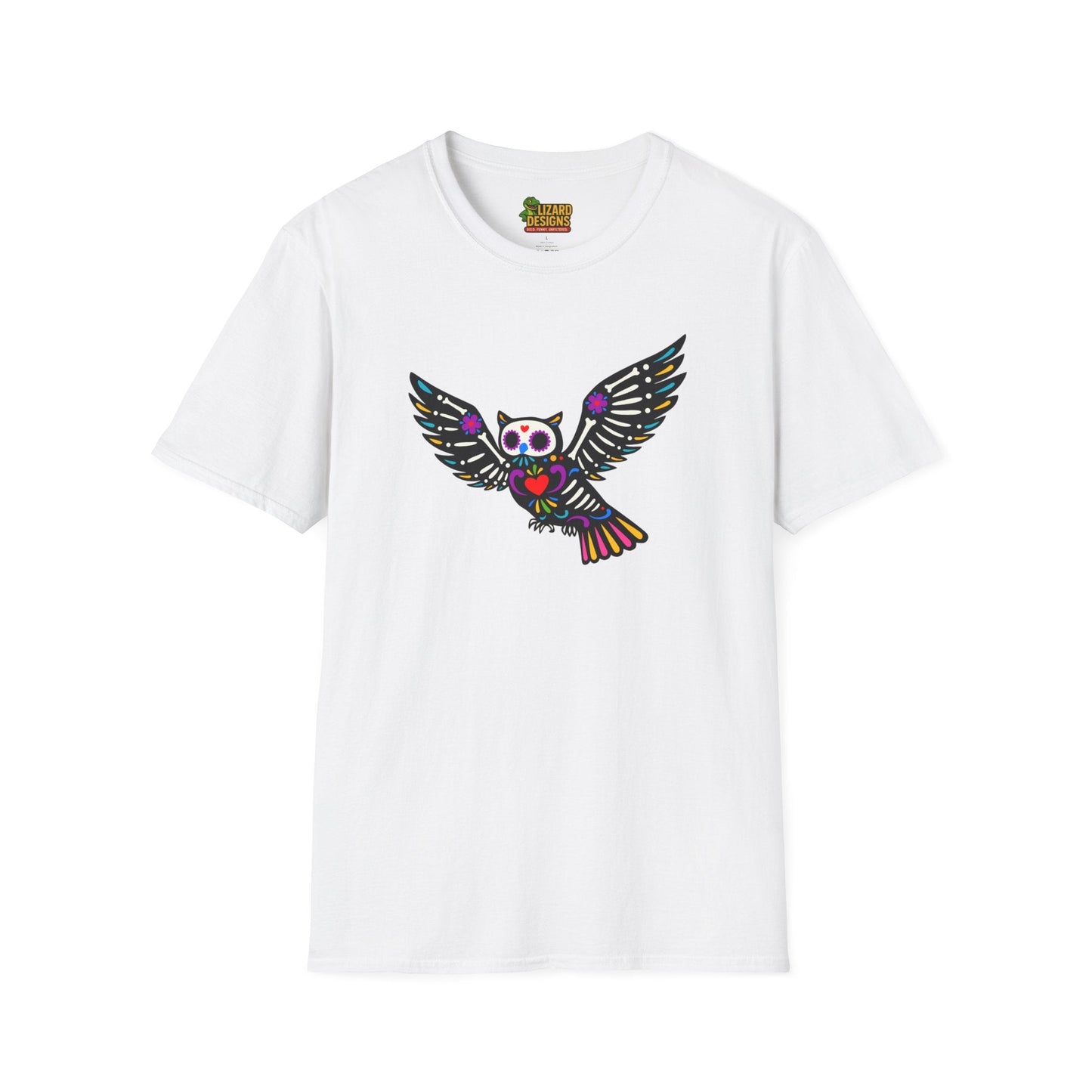 Sugar Skull Owl Tee – Colorful Day of the Dead Vibes | Graphic T-Shirts – White T-Shirt for boho style shirt (6 view)