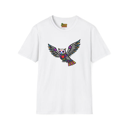 Sugar Skull Owl Tee – Colorful Day of the Dead Vibes | Graphic T-Shirts – White T-Shirt for boho style shirt (6 view)