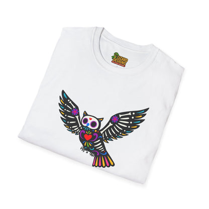 Sugar Skull Owl Tee – Colorful Day of the Dead Vibes | Graphic T-Shirts – White T-Shirt for boho style shirt (9 view)