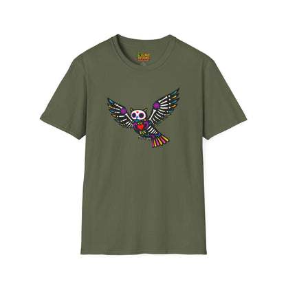 Sugar Skull Owl Tee – Colorful Day of the Dead Vibes | Graphic T-Shirts – Military Green T-Shirt for boho style shirt (17 view)
