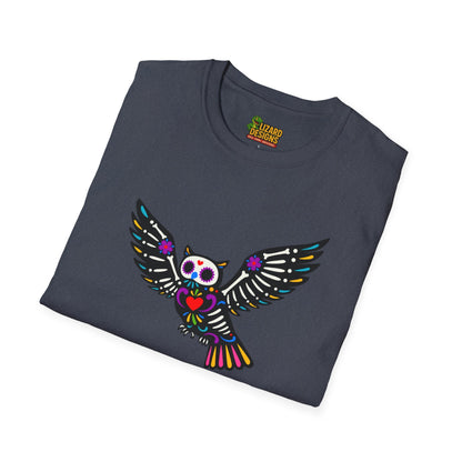 Sugar Skull Owl Tee – Colorful Day of the Dead Vibes | Graphic T-Shirts – Heather Navy T-Shirt for boho style shirt (40 view)