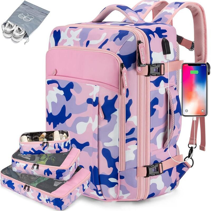 Convertible Travel Backpack — Water - Resistant, Flight - Friendly Carry - On with Laptop Sleeve | Hiking/Business – Camouflage Pink Backpack for business travel (4 view)