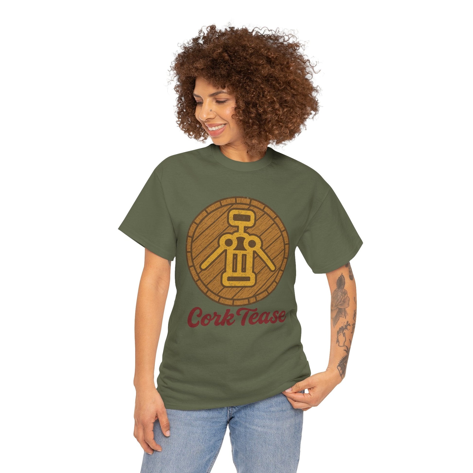 Cork Tease Unisex Heavy Cotton Tee - Fun Gift for Wine Lovers, Casual Wear, Party Shirt, Unique Friend Gift, Quirky Humor Tee – Military Green T-Shirt for casual party outfit (12 view)