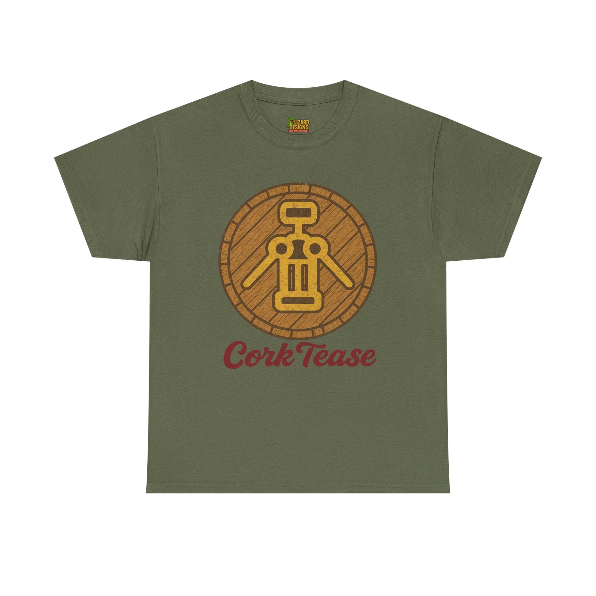 Cork Tease Unisex Heavy Cotton Tee - Fun Gift for Wine Lovers, Casual Wear, Party Shirt, Unique Friend Gift, Quirky Humor Tee – Military Green T-Shirt for casual party outfit (10 view)