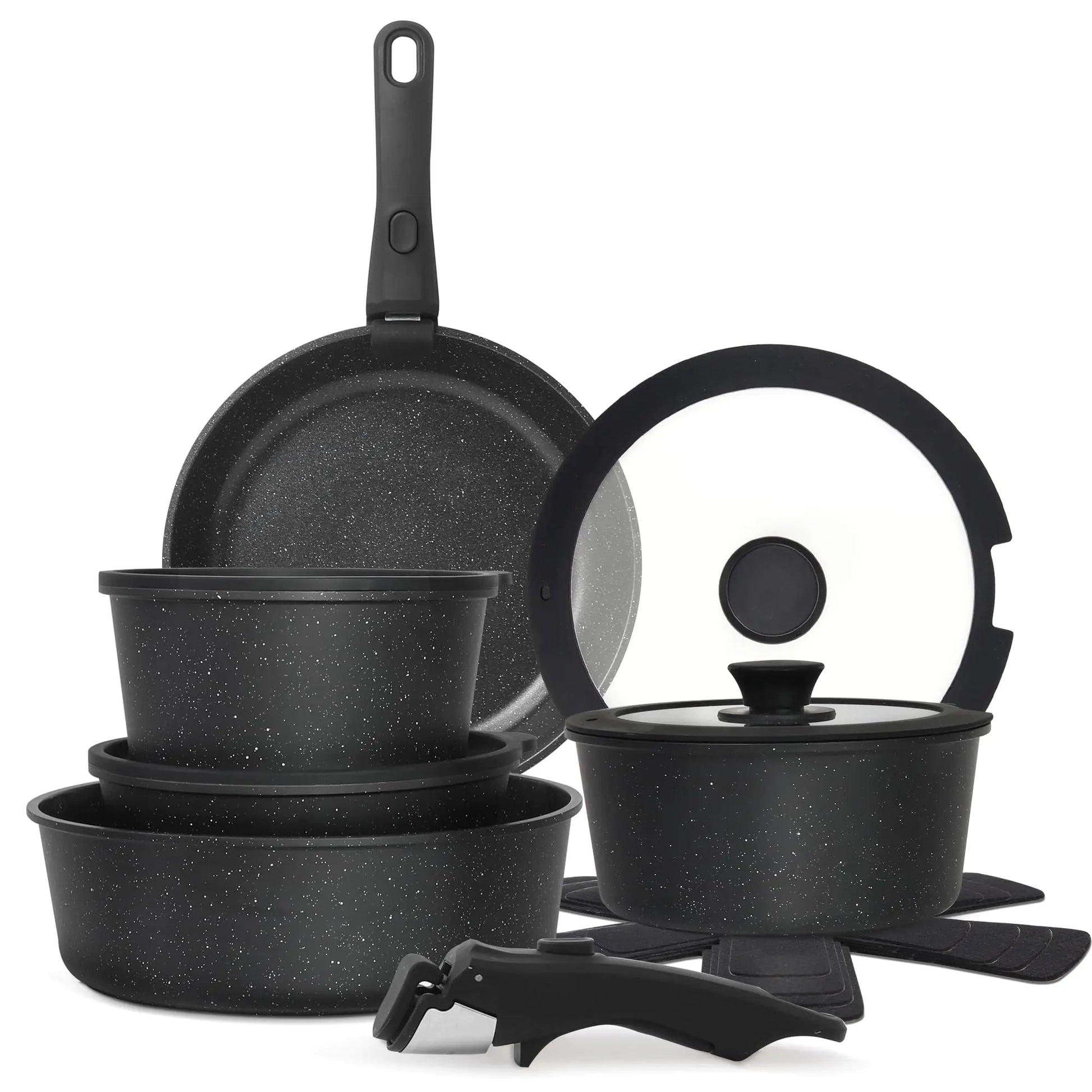 Cuisinluv 15-Piece Nonstick Cookware Set – Stackable Ceramic Pots & Pans with Removable Handle | Induction & Oven Safe – Black cookware by SbrTnHomes