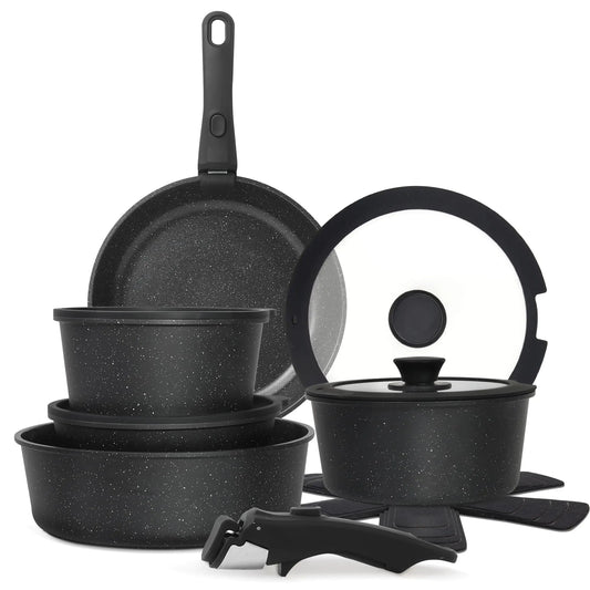 Cuisinluv 15-Piece Nonstick Cookware Set – Stackable Ceramic Pots & Pans with Removable Handle | Induction & Oven Safe – Black cookware by SbrTnHomes