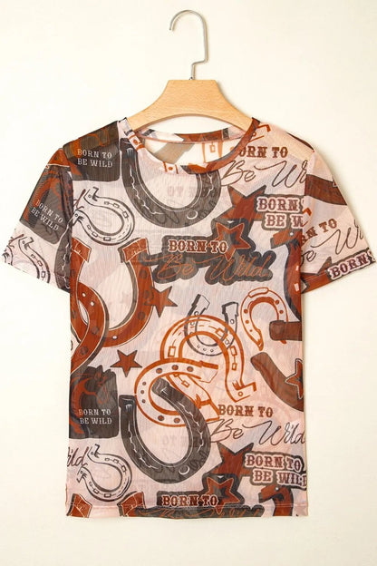 Western Horseshoe Printed Mesh Short Sleeve T Shirt – Caramel for Shopify Collective (4 view)