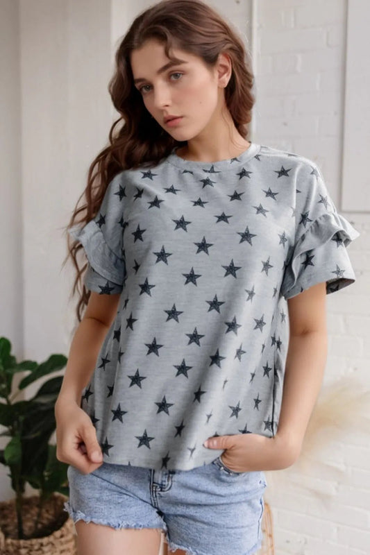 Star Print Tiered Ruffled Sleeve Crew Neck T Shirt – Gray by Simply Love