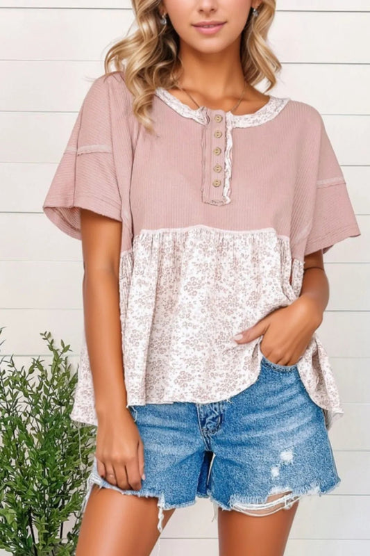 Waffle Floral Patchwork Exposed Seam Detail Short Sleeve Top – Dusty Pink for Shopify Collective (1 view)