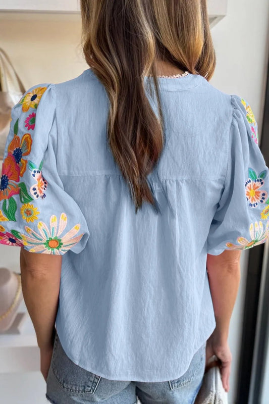 Embroidered Tie Neck Short Sleeve Blouse – Light Blue for Shopify Collective (2 view)