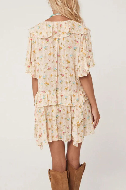 Boho Floral Tassel Tie V Neck Ruffle Wide Sleeve Mini Dress – Cream for Shopify Collective (2 view)