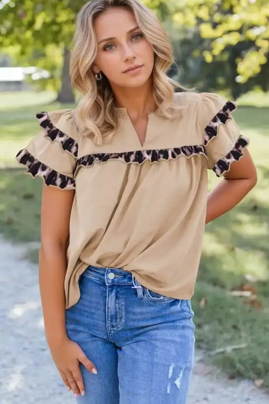 Leopard Frill Short Sleeve Blouse – Khaki for Shopify Collective (1 view)