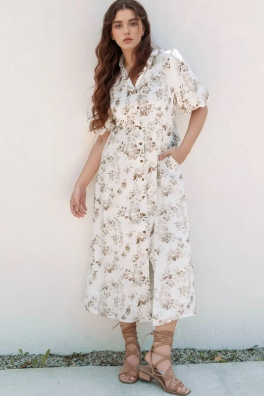 Printed Button Front Puff Sleeve Dress – White for Shopify Collective (2 view)