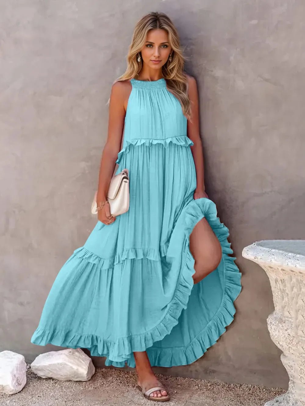 Ruffled Sleeveless Tiered Maxi Dress with Pockets – Sky Blue for Shopify Collective (20 view)