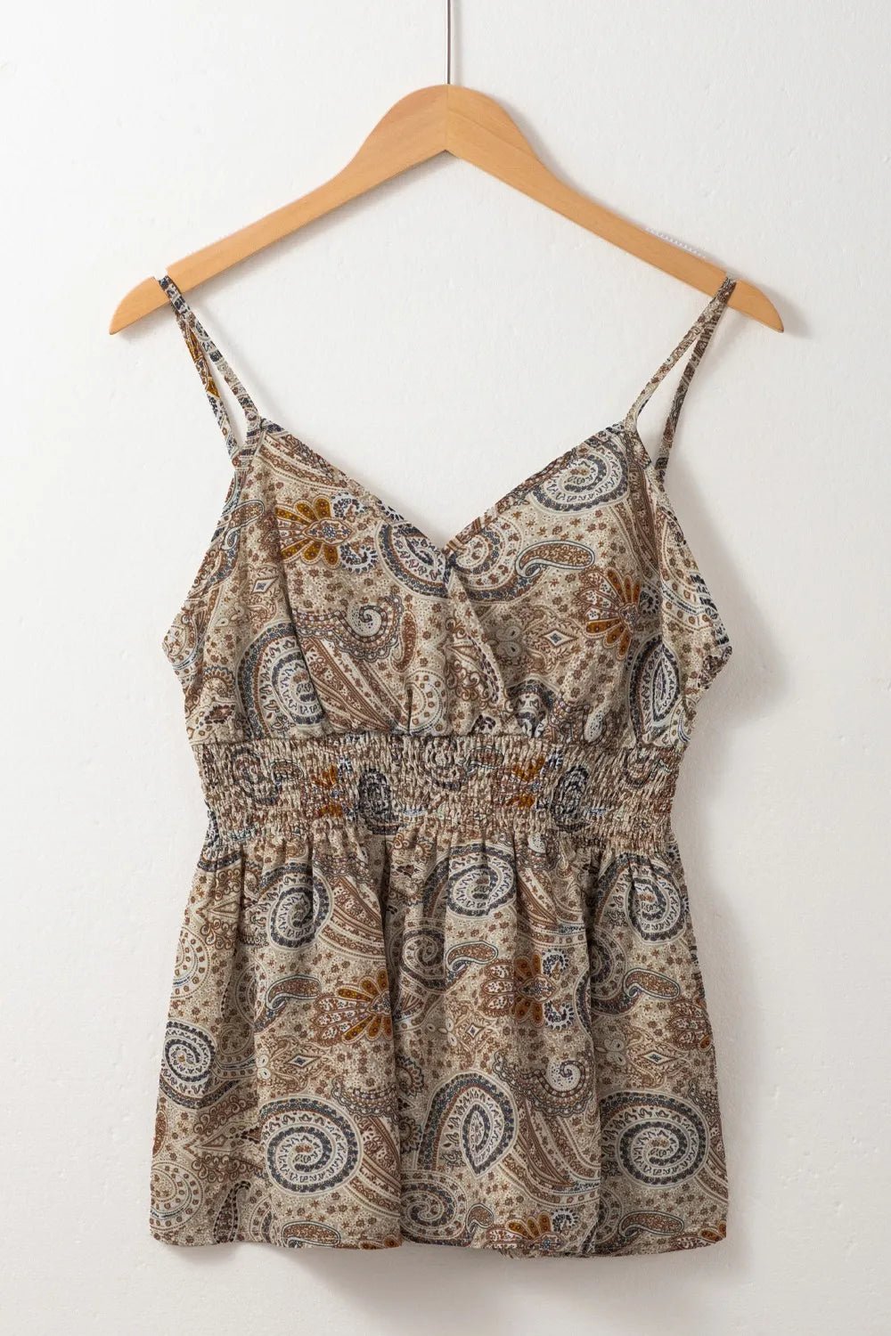 Paisley Printed Smocked Babydoll Cami – Khaki by Simply Love