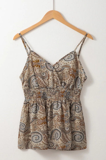 Paisley Printed Smocked Babydoll Cami – Khaki by Simply Love