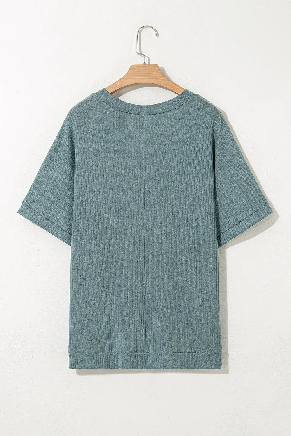 Oversized Ribbed Knit V Neck Dolman Short Sleeve Top – Air Force Blue by Simply Love