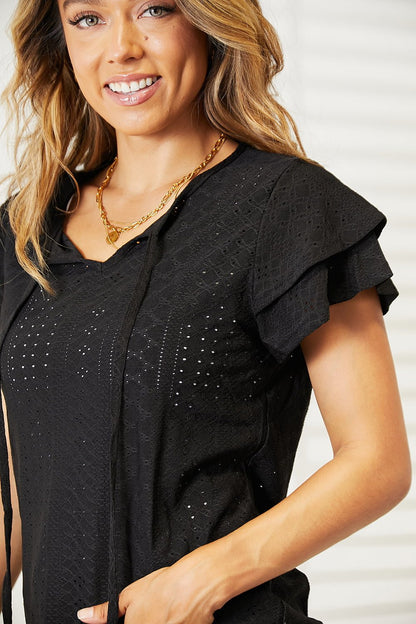 Double Take Eyelet Tie - Neck Flutter Sleeve Blouse – Black for Double Take (4 view)