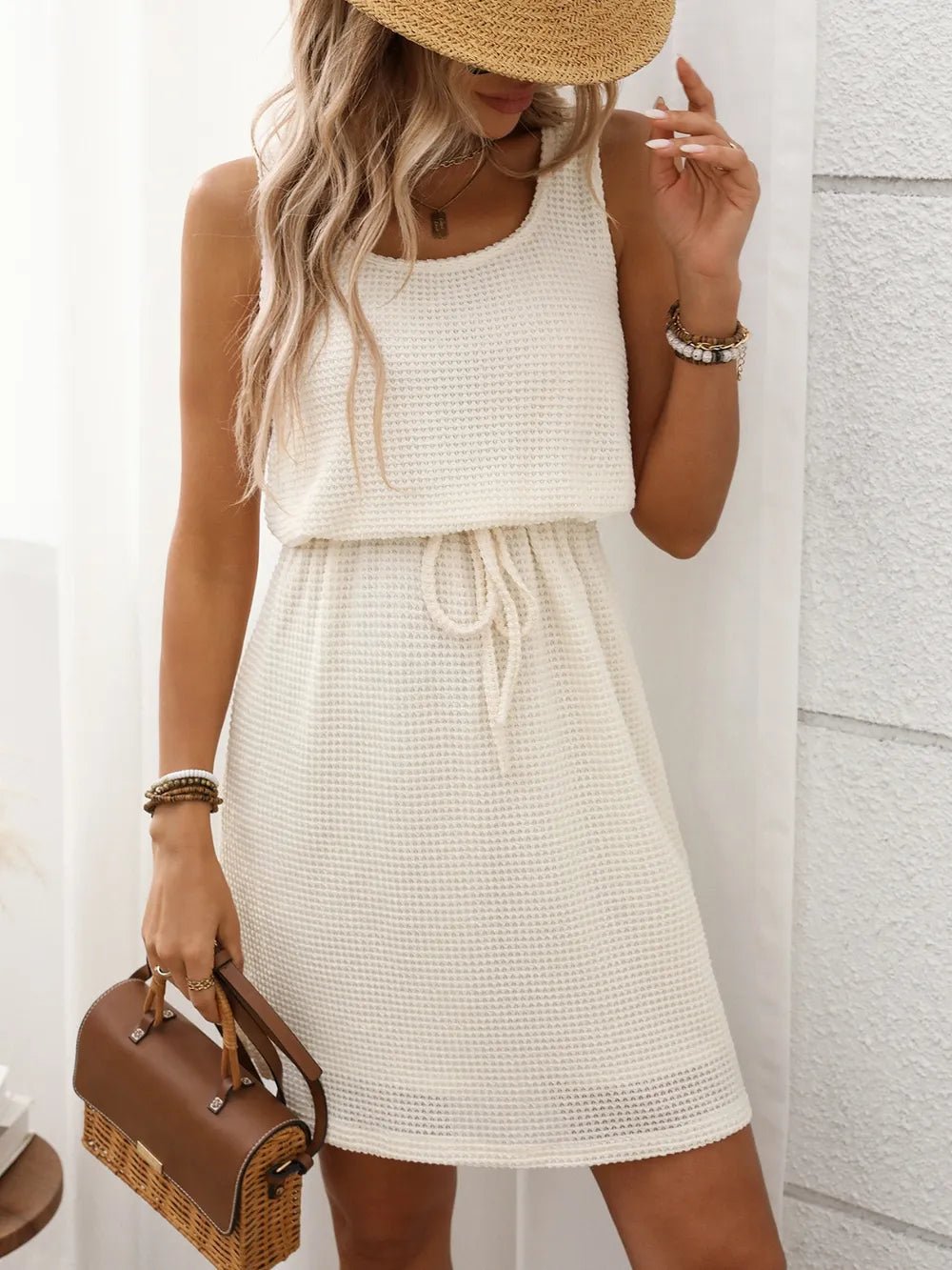 Waffle - Knit Drawstring Mini Tank Dress – Cream for Shopify Collective (2 view)