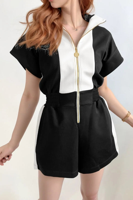 Half Zip Short Sleeve Romper – Black for Shopify Collective (1 view)
