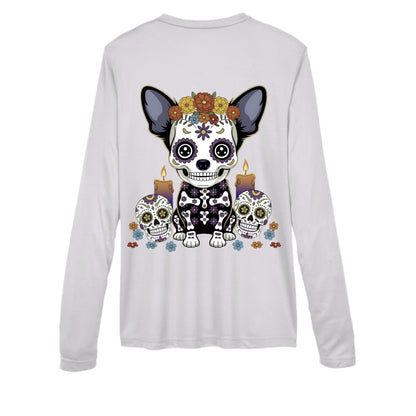Day of the Dead Chihuahua – Sugar - Skull V - Neck Performance Tee | Women’s Long Sleeve – WHITE activewear for Apparel (2 view)