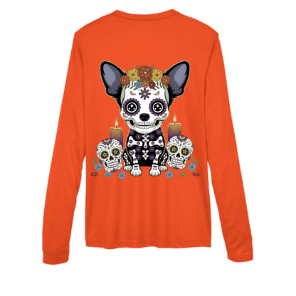 Day of the Dead Chihuahua – Sugar - Skull V - Neck Performance Tee | Women’s Long Sleeve – SPORT ORANGE activewear for Apparel (8 view)