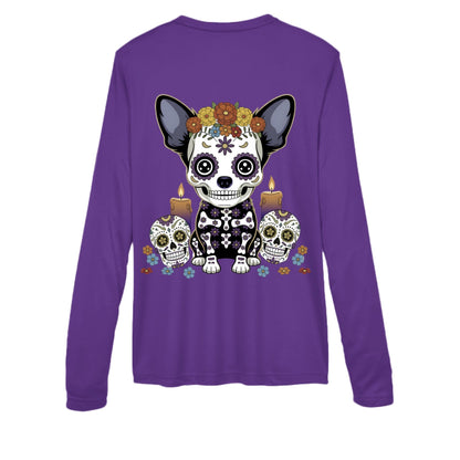 Day of the Dead Chihuahua – Sugar - Skull V - Neck Performance Tee | Women’s Long Sleeve – SPORT PURPLE activewear for Apparel (6 view)