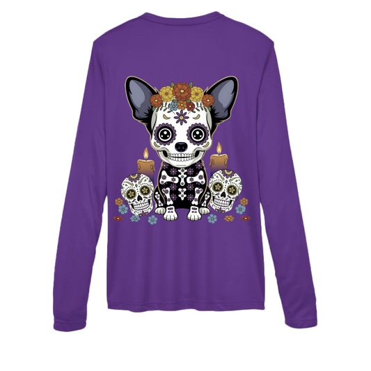 Day of the Dead Chihuahua – Sugar - Skull V - Neck Performance Tee | Women’s Long Sleeve – SPORT PURPLE activewear for Apparel (6 view)