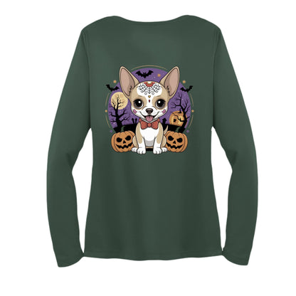 Day of the Dead Puppy – Ladies Long Sleeve Sport - Tek V - Neck Tee – Forest Green T-Shirt for Apparel (7 view)