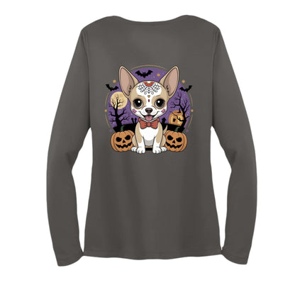 Day of the Dead Puppy – Ladies Long Sleeve Sport - Tek V - Neck Tee – Iron Grey T-Shirt for Apparel (5 view)