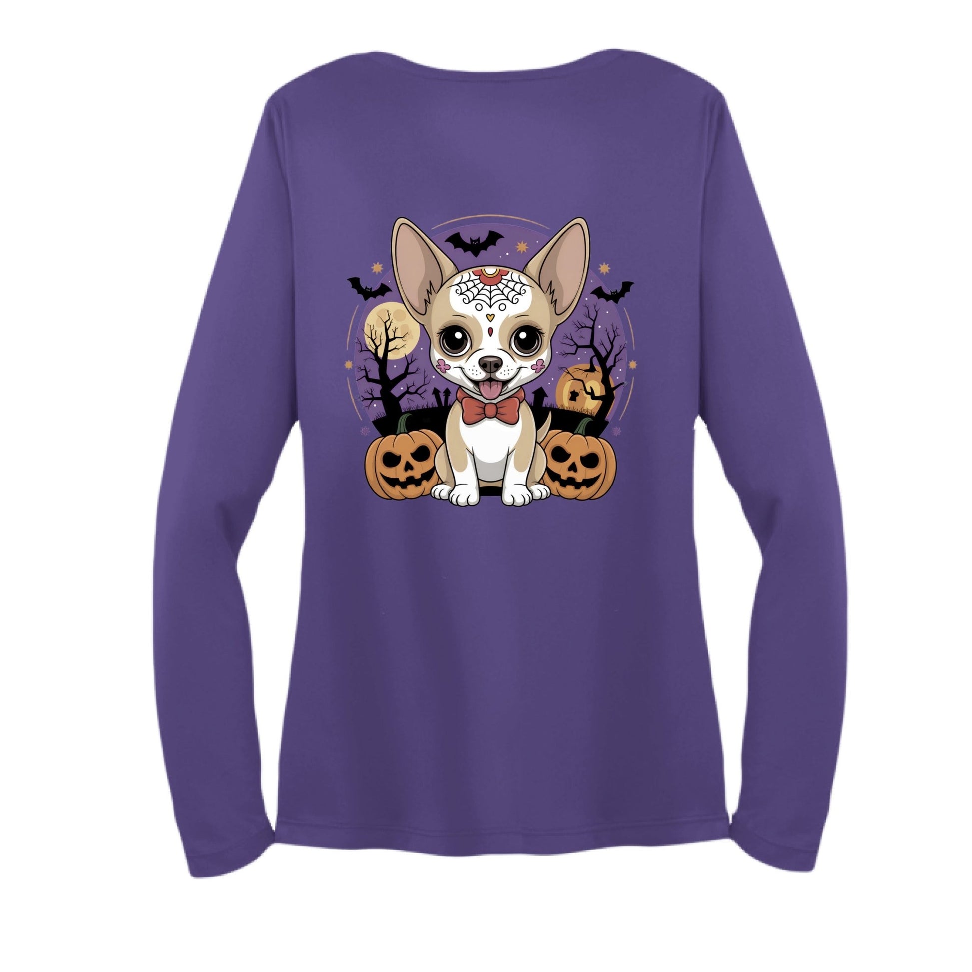 Day of the Dead Puppy – Ladies Long Sleeve Sport - Tek V - Neck Tee – Purple T-Shirt for Apparel (1 view)