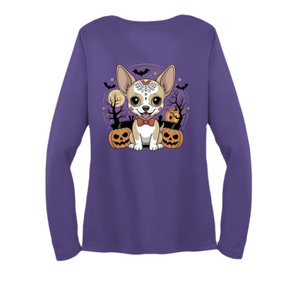 Day of the Dead Puppy – Ladies Long Sleeve Sport - Tek V - Neck Tee – Purple T-Shirt for Apparel (1 view)