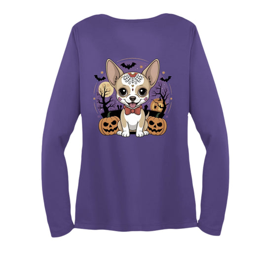 Day of the Dead Puppy – Ladies Long Sleeve Sport - Tek V - Neck Tee – Purple T-Shirt for Apparel (1 view)