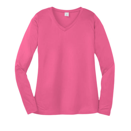 Day of the Dead Puppy – Ladies Long Sleeve Sport - Tek V - Neck Tee – Neon Pink T-Shirt for Apparel (4 view)
