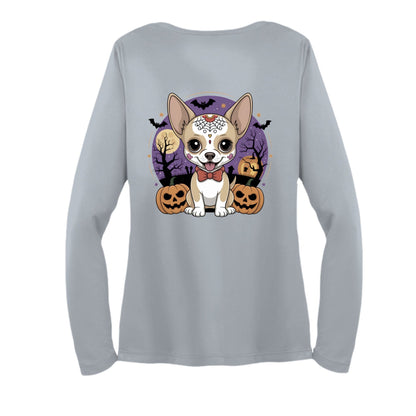 Day of the Dead Puppy – Ladies Long Sleeve Sport - Tek V - Neck Tee – Silver T-Shirt for Apparel (17 view)