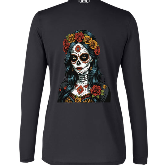 Day of the Dead Woman – Elegant Sugar Skull Art Pullover | RM Outpost Performance Collection – BLACK/ WHITE_001 Outerwear for Apparel (1 view)
