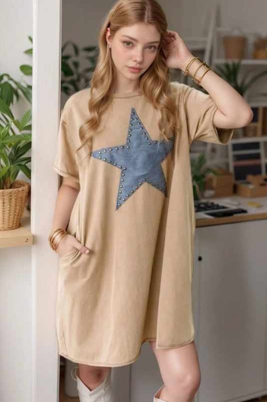 Mineral Wash Stud Beaded Star Pocketed T Shirt Dress – Khaki by Simply Love