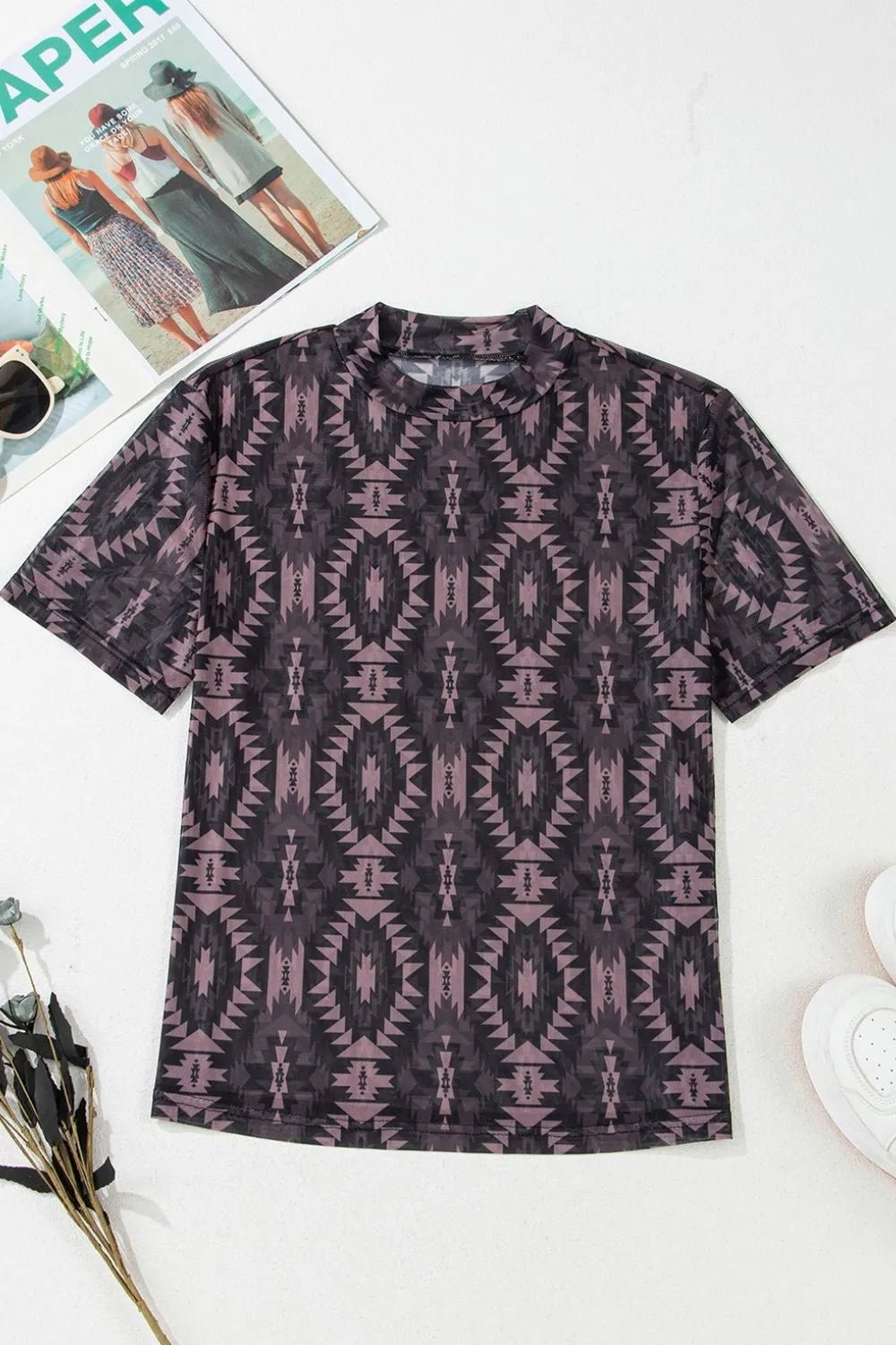 Aztec Print Mock Neck Short Sleeve Mesh T Shirt – Coffee Brown for Shopify Collective (4 view)