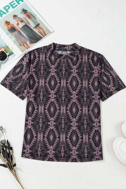 Aztec Print Mock Neck Short Sleeve Mesh T Shirt – Coffee Brown for Shopify Collective (4 view)