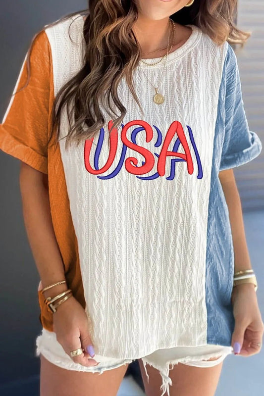 USA Embroidered Cable Textured Knit Cuffed Sleeve Color Block Tee – White for Shopify Collective (1 view)