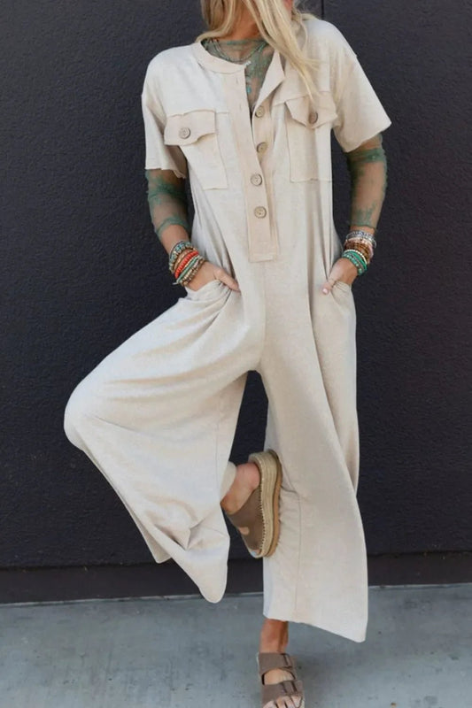 Pocket Front Short Sleeve Wide Leg Jumpsuit – Beige for Shopify Collective (1 view)