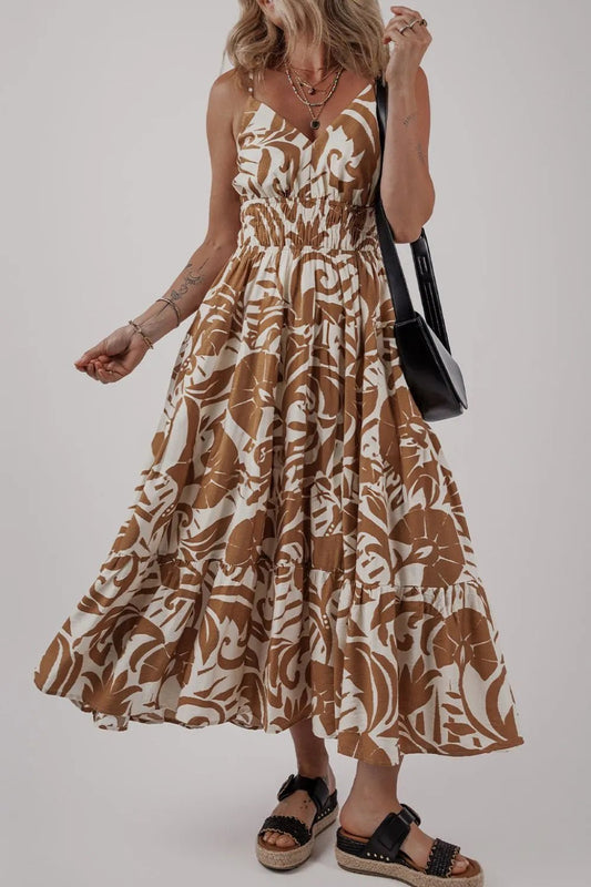 Floral Shirred High Waist Spaghetti Straps Dress – Mocha for Shopify Collective (1 view)