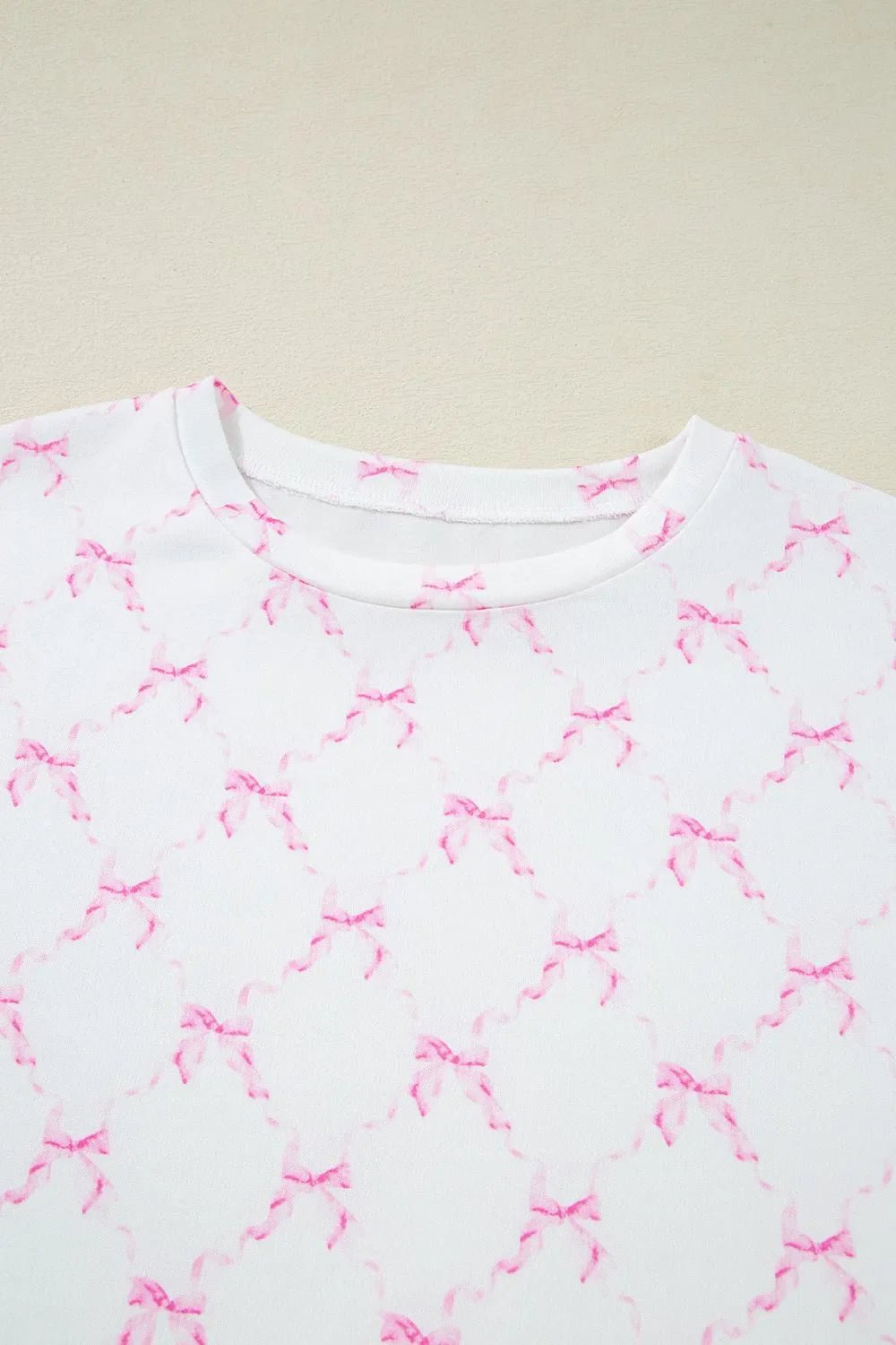Bow Print Lettuce Trim Round Neck Top and Shorts Lounge Set – Pink for Shopify Collective (8 view)