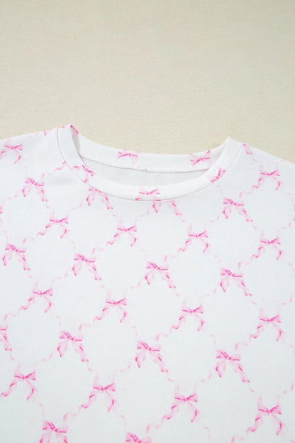 Bow Print Lettuce Trim Round Neck Top and Shorts Lounge Set – Pink for Shopify Collective (8 view)