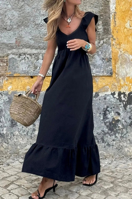 V Neck Ruffled Cap Sleeve Smocked Maxi Dress – Black for Shopify Collective (2 view)