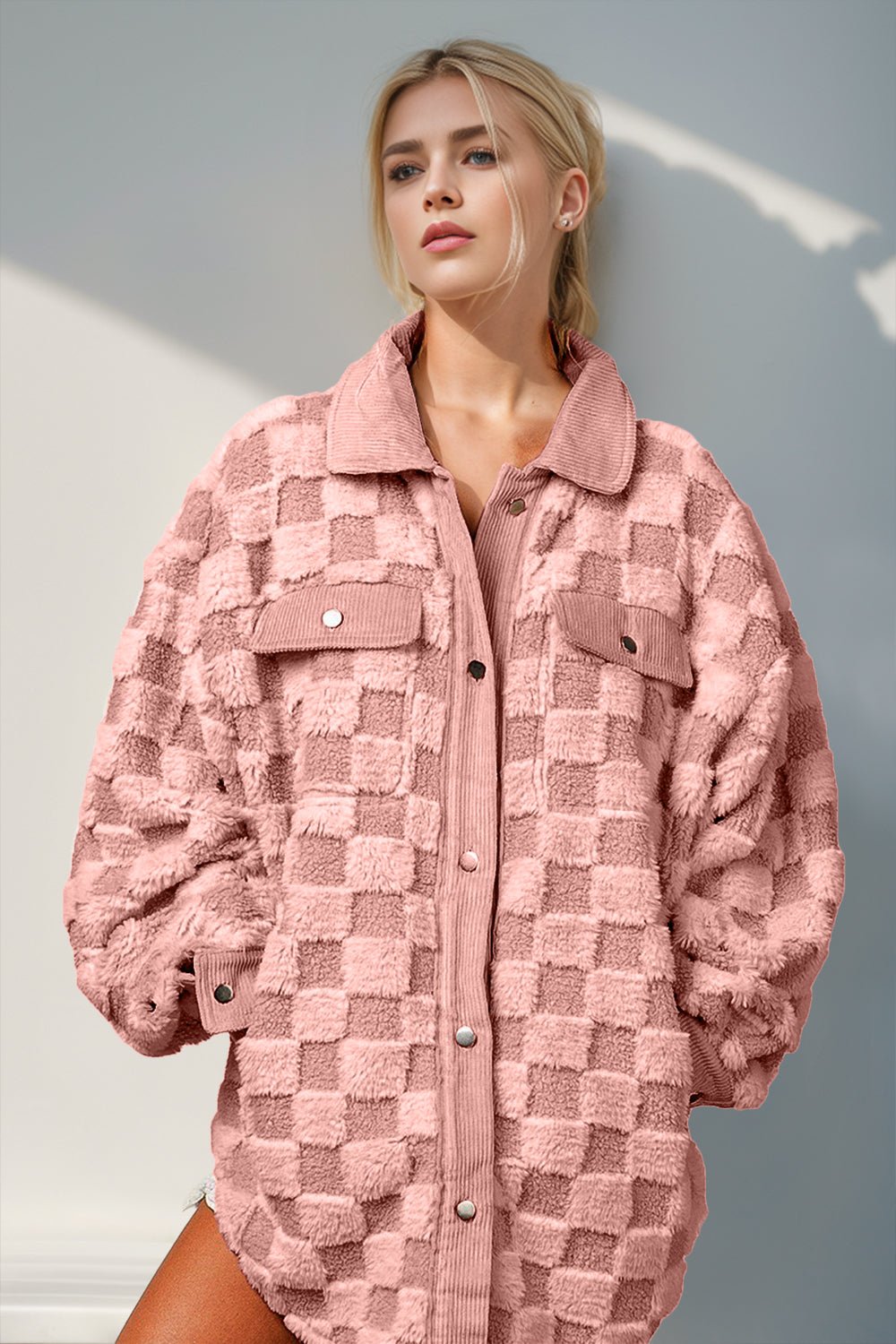 Double Take Button Up Fuzzy Checkered Shacket – Dusty Pink Jacket by Double Take