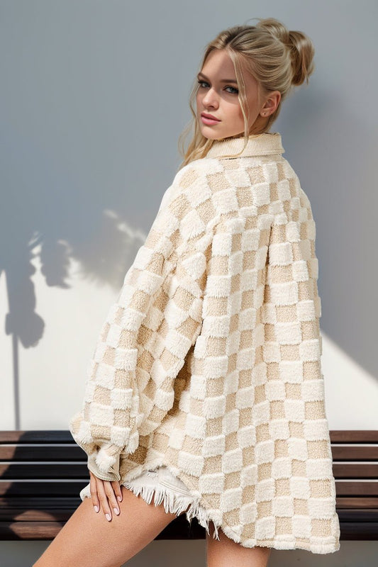 Double Take Button Up Fuzzy Checkered Shacket – Cream Jacket by Double Take