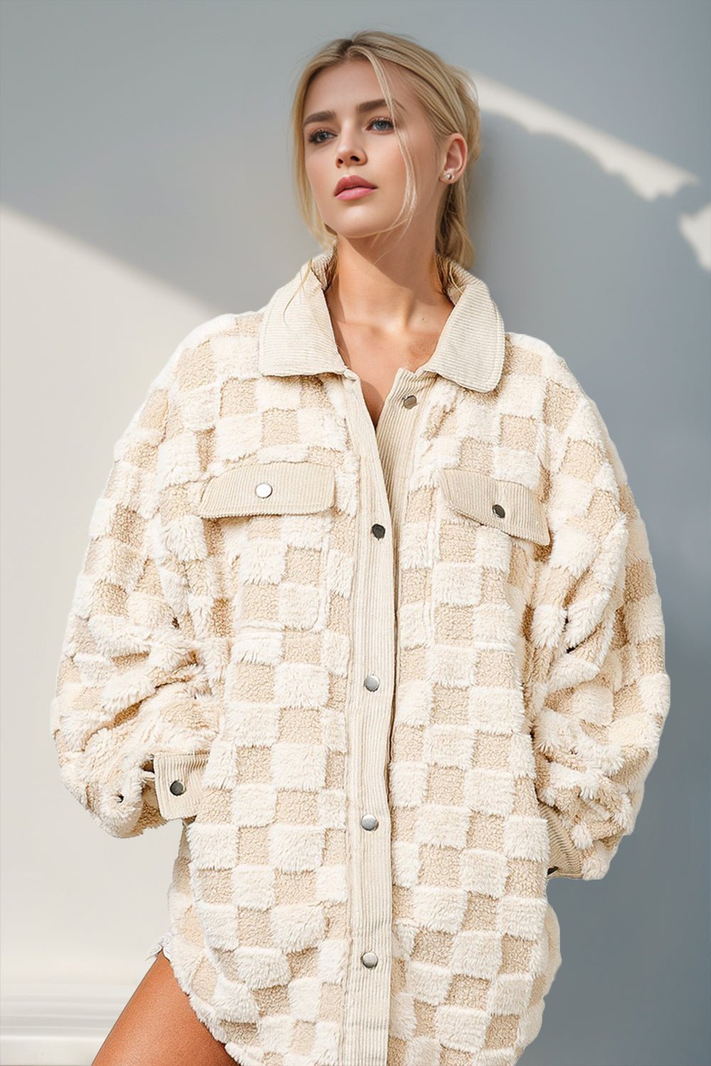 Double Take Button Up Fuzzy Checkered Shacket – Cream Jacket by Double Take